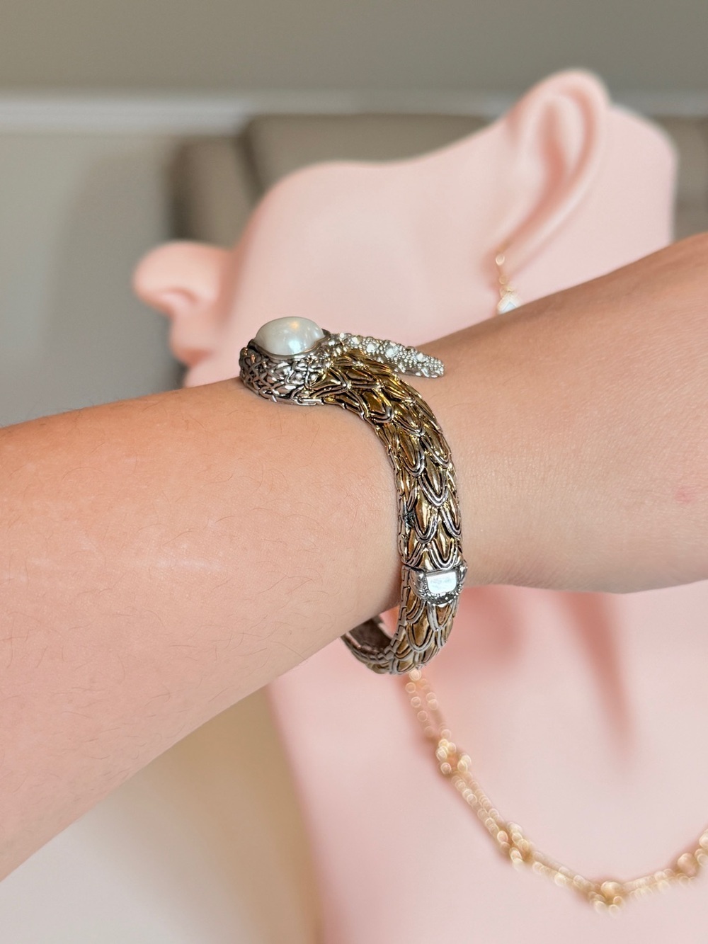 Vintage-Inspired Gold & Silver Serpent Bracelet with Pearl Accent - Picture 2 of 8